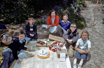 Picnic for Roger's birthday on Pebble Beach lot, May 1955