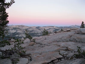 Alpen glow in High Sierras from near May Lake