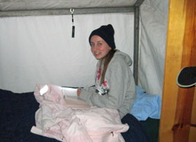 Joyce in tent